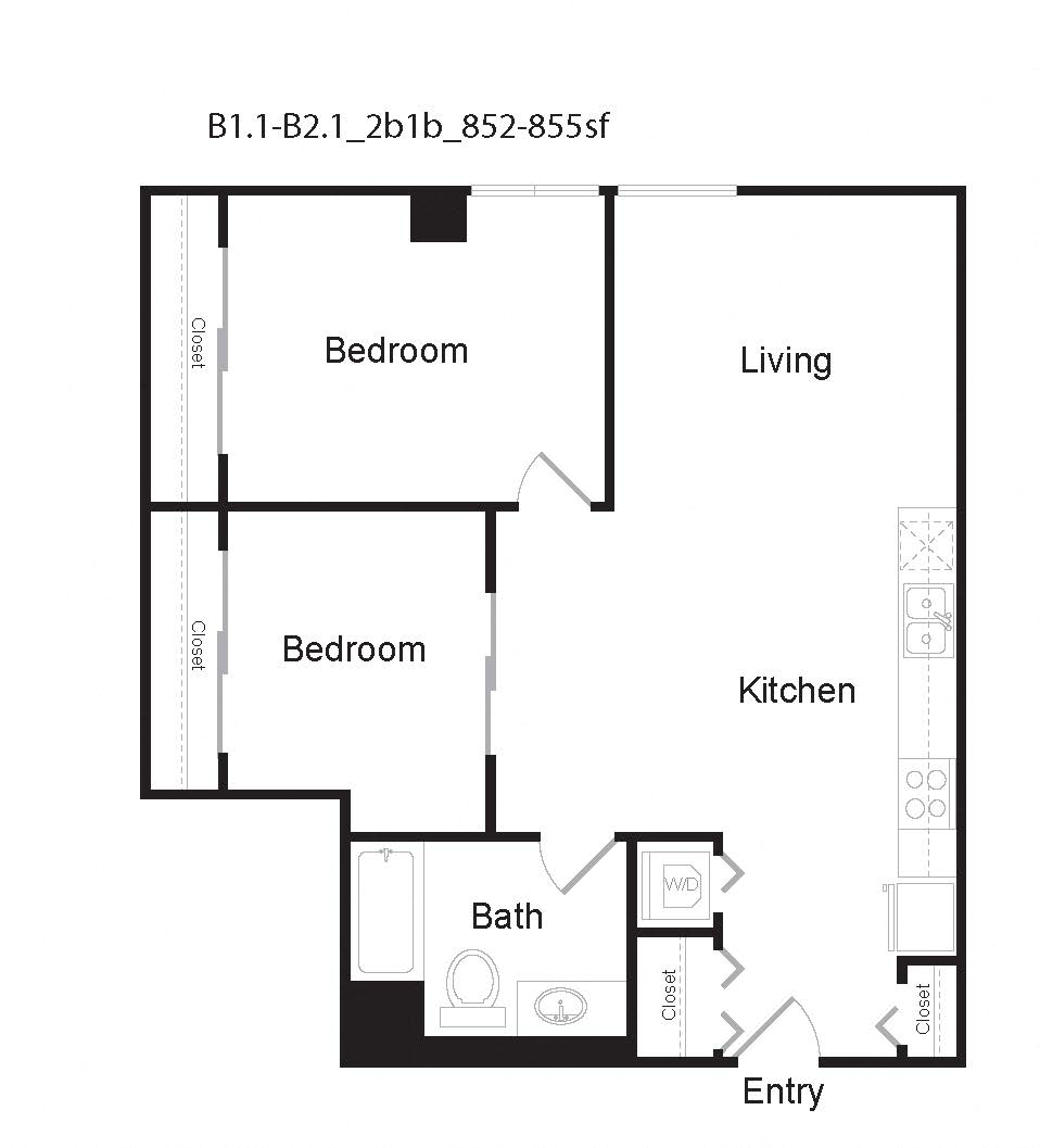 B1.1 - B2.1, 2 Bed 1 Bath Floor Plan at 10th and G Apartments in San Diego, CA