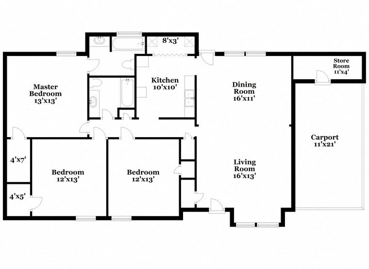 a floor plan of a house with several bedrooms and baths and a carport