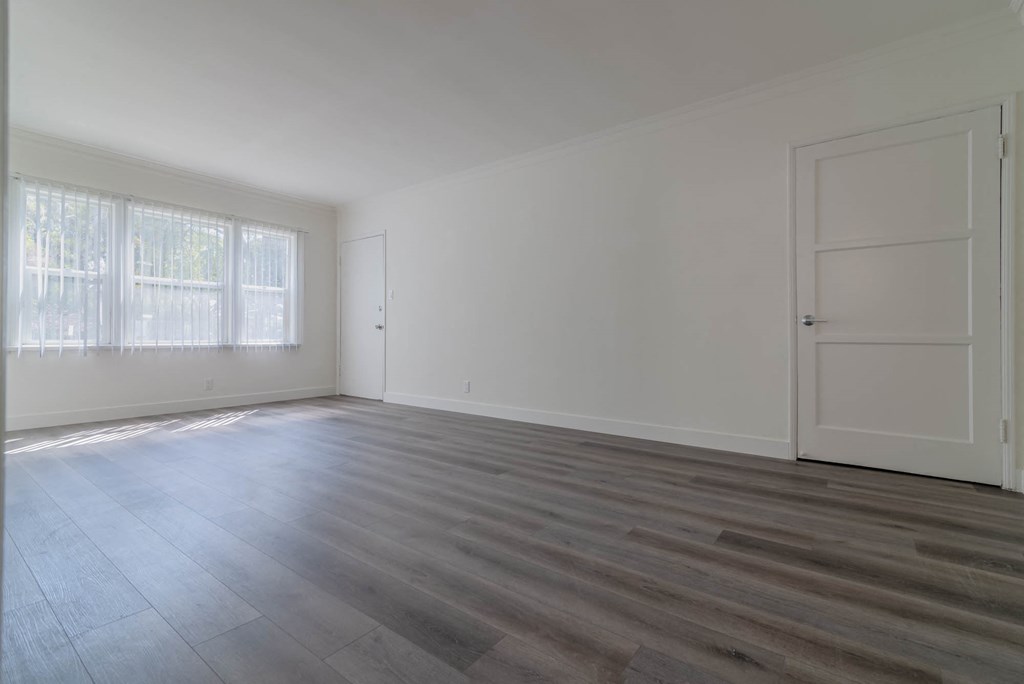 Living area with 3 large windows and view