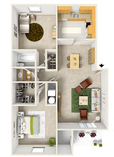 2br1ba 2 bed 1 bath floor plan at Heritage Park Apartments in Tallahassee, FL 32304