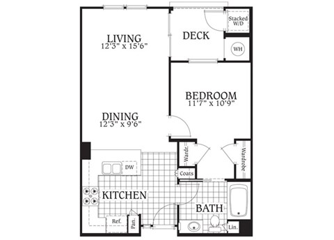 Aspen – 1 Bedroom 1 Bath Floor Plan Layout – 692 Square Feet