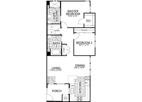 Elm – 2 Bedroom 2 Bath Floor Plan Layout – 1016 Square Feet