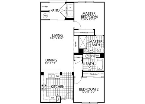 Fir – 2 Bedroom 2 Bath Floor Plan Layout – 1041 Square Feet