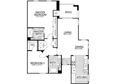 Oak – 2 Bedroom 2 Bath Floor Plan Layout – 1192 Square Feet