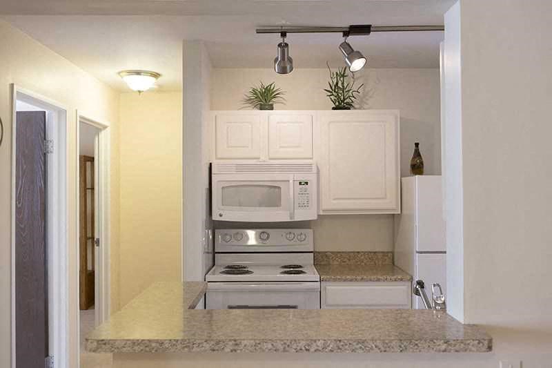 a kitchen with a stove and a microwave