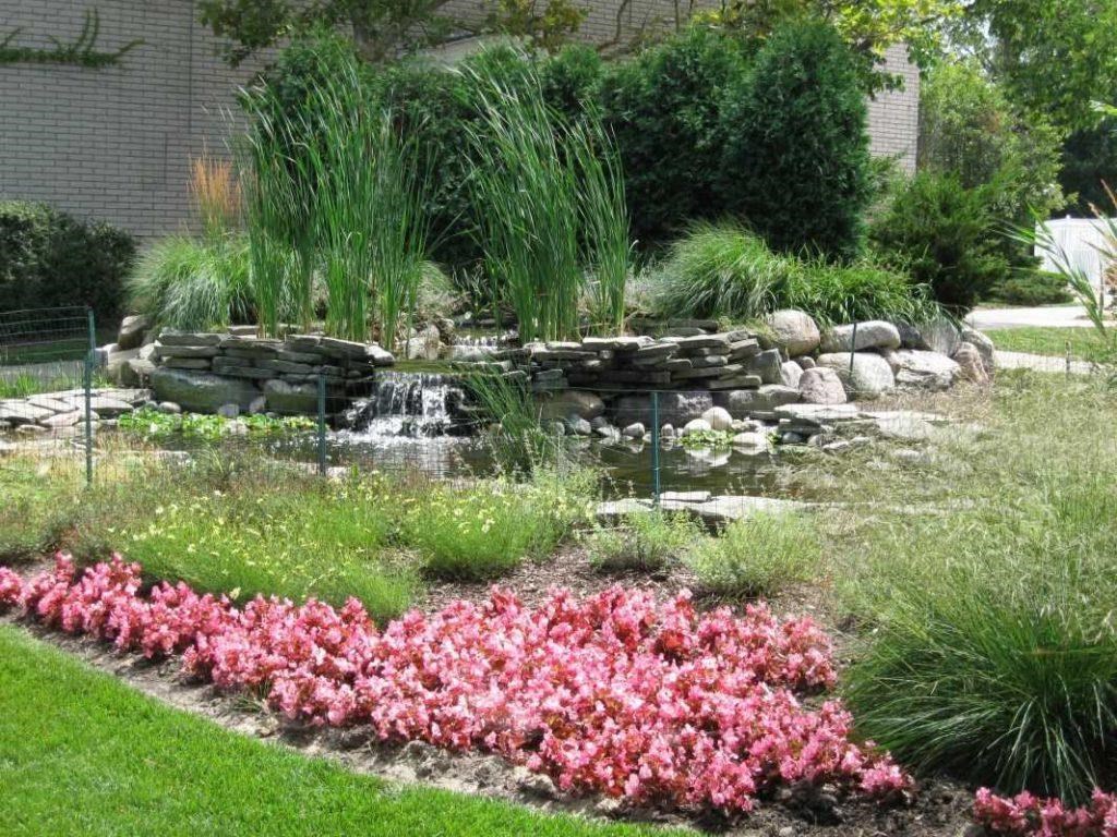 a garden with a waterfall and pink flowers
