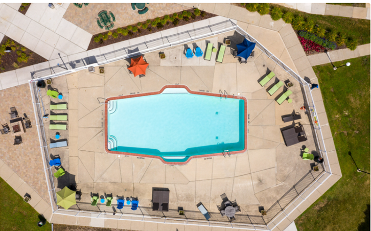 a birds eye view of a pool in a backyard with tables and chairs