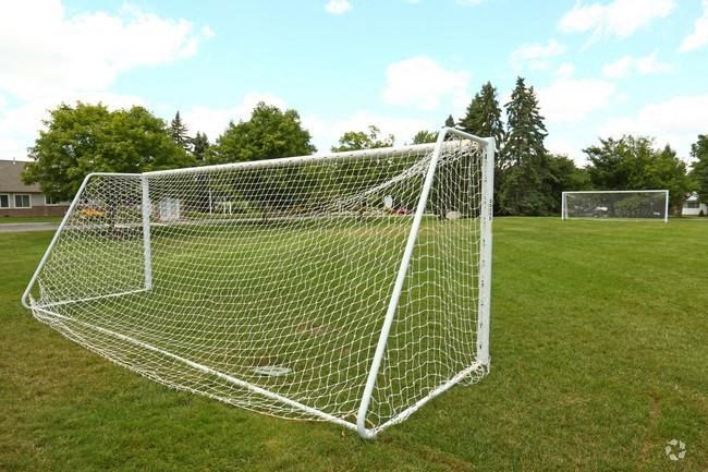 a soccer goal on a field in the grass