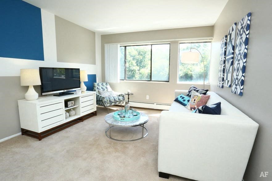 a living room with a white couch and a television