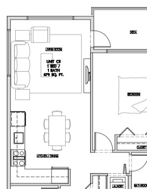 One bedroom, one bathroom apartment layout at Summerhill Place in Nanaimo, BC