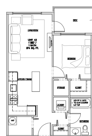 One bedroom, one bathroom apartment layout at Summerhill Place in Nanaimo, BC