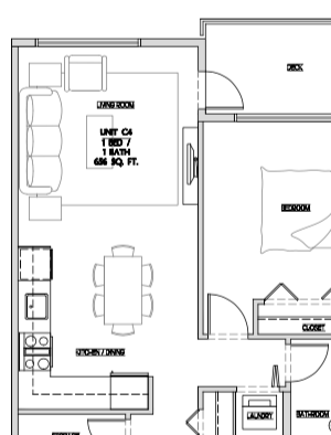One bedroom, one bathroom apartment layout at Summerhill Place in Nanaimo, BC
