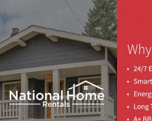 a red sign in front of a house why rent from us