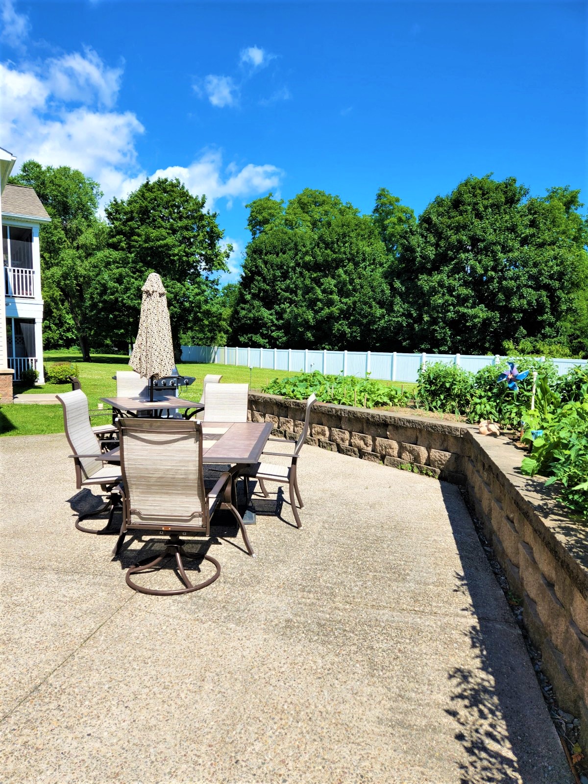 a patio with a table and chairs in a yard