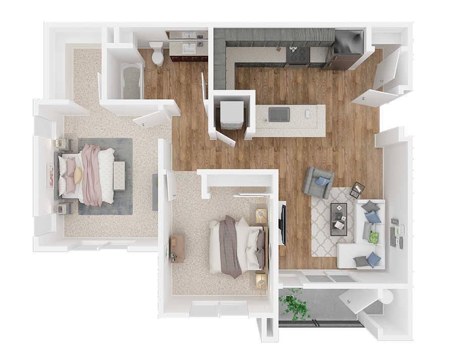 Two bedroom One bathroom 3D floor plan B at Sky Mountain by Vintage, Reno, 89523