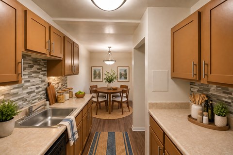 A kitchen with wooden cabinets and a stone backsplash.