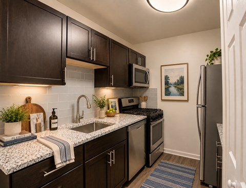 A kitchen with dark wood cabinets and granite countertops.