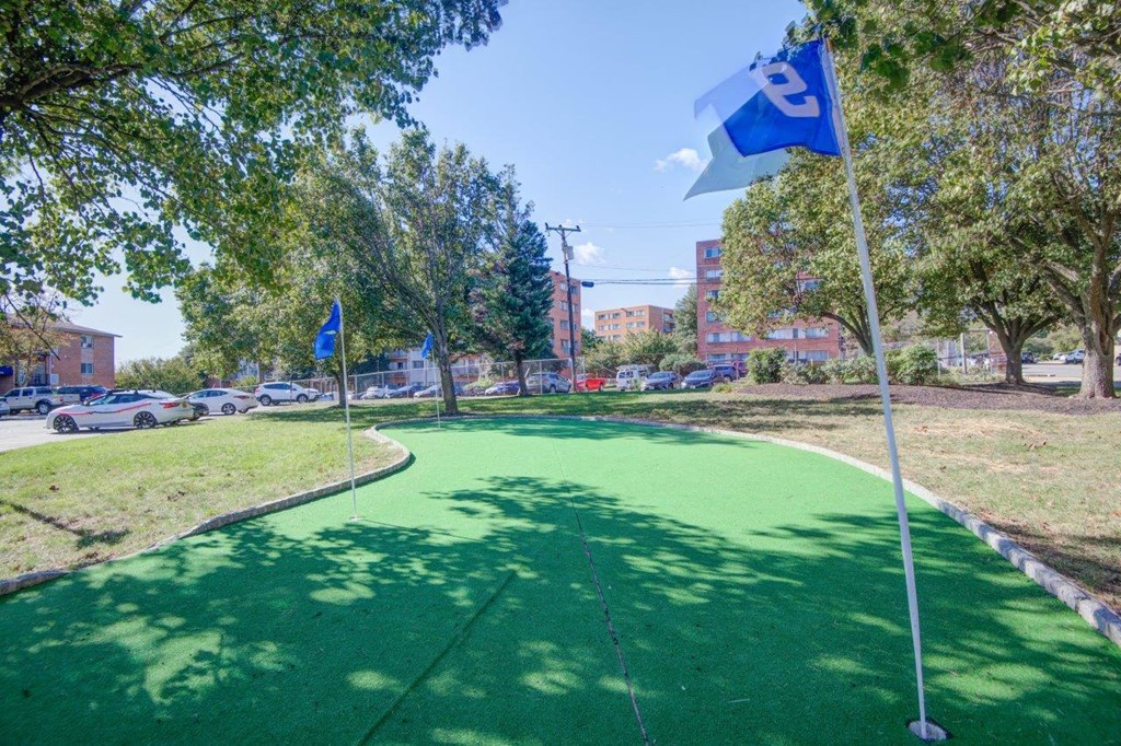 a putting green with two flags on a golf course