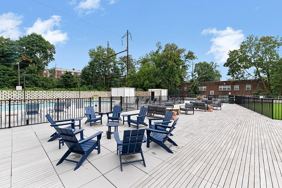 The picnic area with seating at The Dane in Wynnefield, PA. 