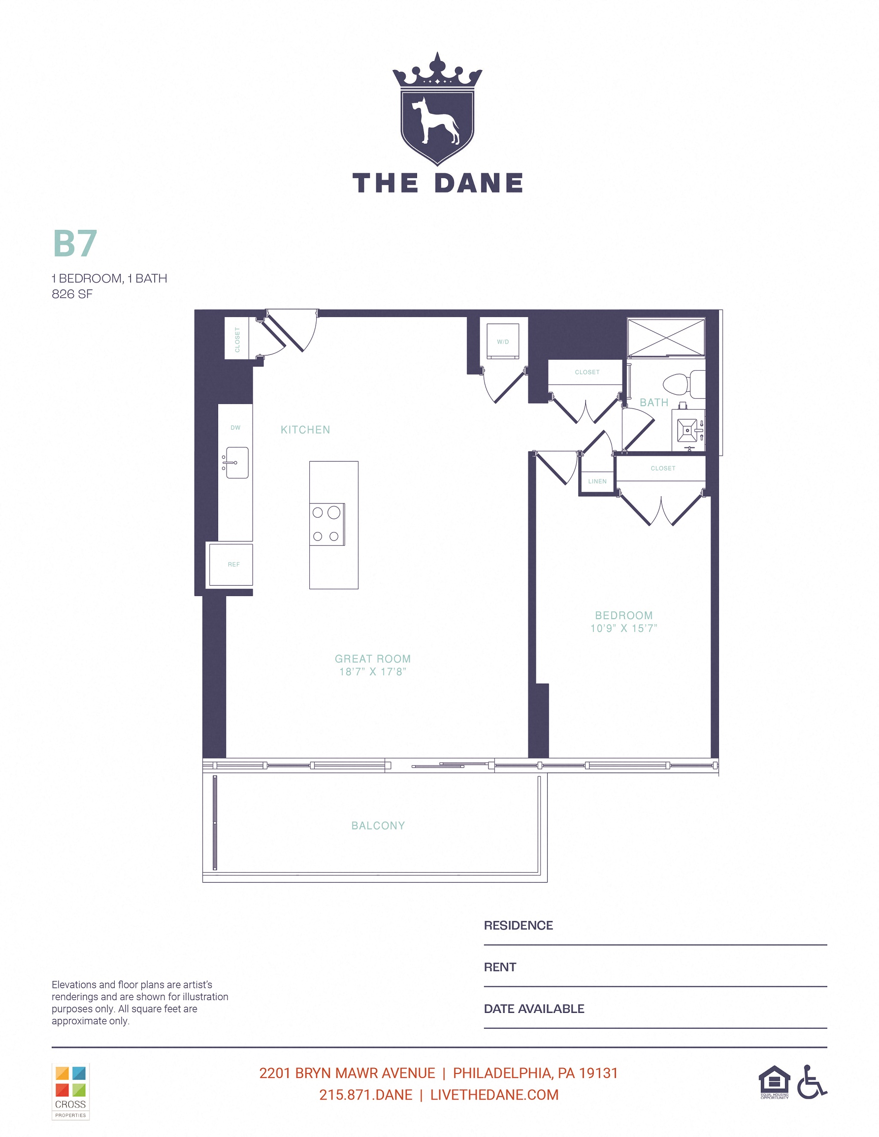The one-bedroom floor plan at The Dane in Wynnefield, PA.