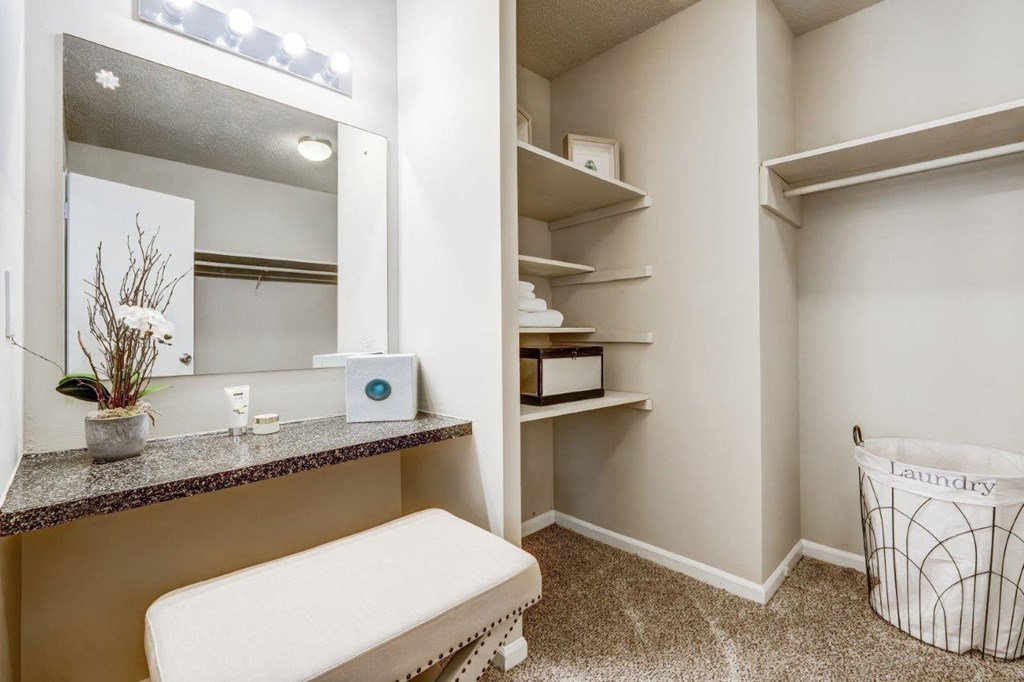 a bathroom with a vanity and a mirror and a closet