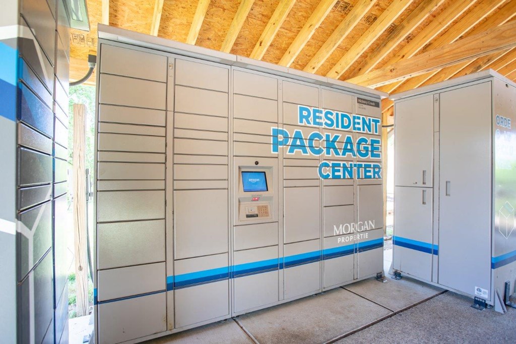a locker room with doors and a sign on the wall