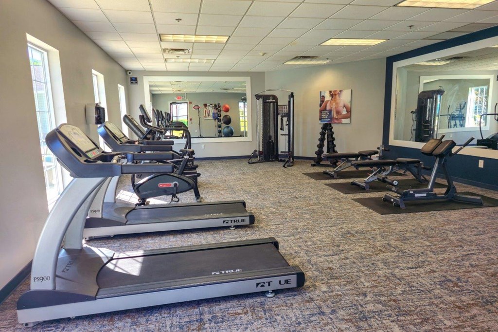 A gym with treadmills and other exercise equipment.