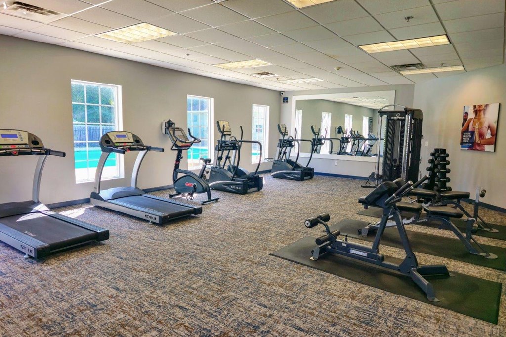 A gym with treadmills, elliptical machines, and other exercise equipment.
