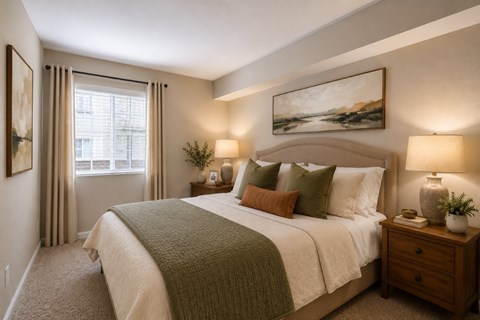 A bedroom with a large bed and a painting on the wall.