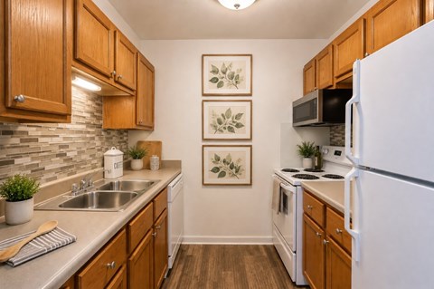 A kitchen with wooden cabinets and a white refrigerator.