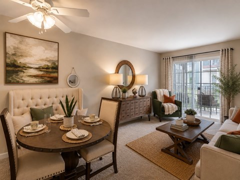 A dining room with a round table set for two and a painting on the wall.