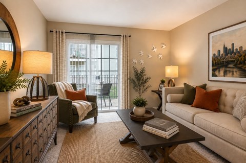 A living room with a couch, chair, and a table with a book on it.