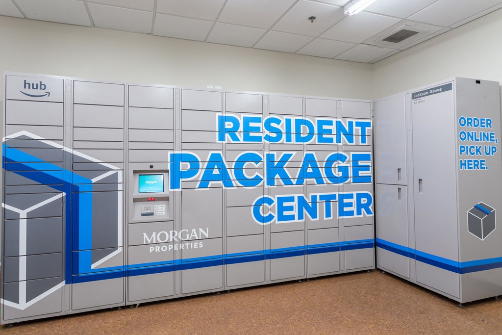 the lobby of the resident package center is shown with the door to the locker room
