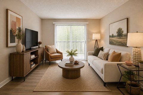 A living room with a white couch, a wooden coffee table, and a television.