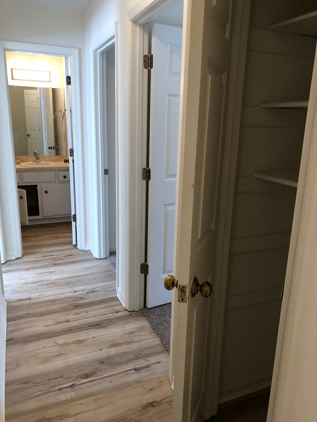 the hallway from the living room to the bedroom and bathroom