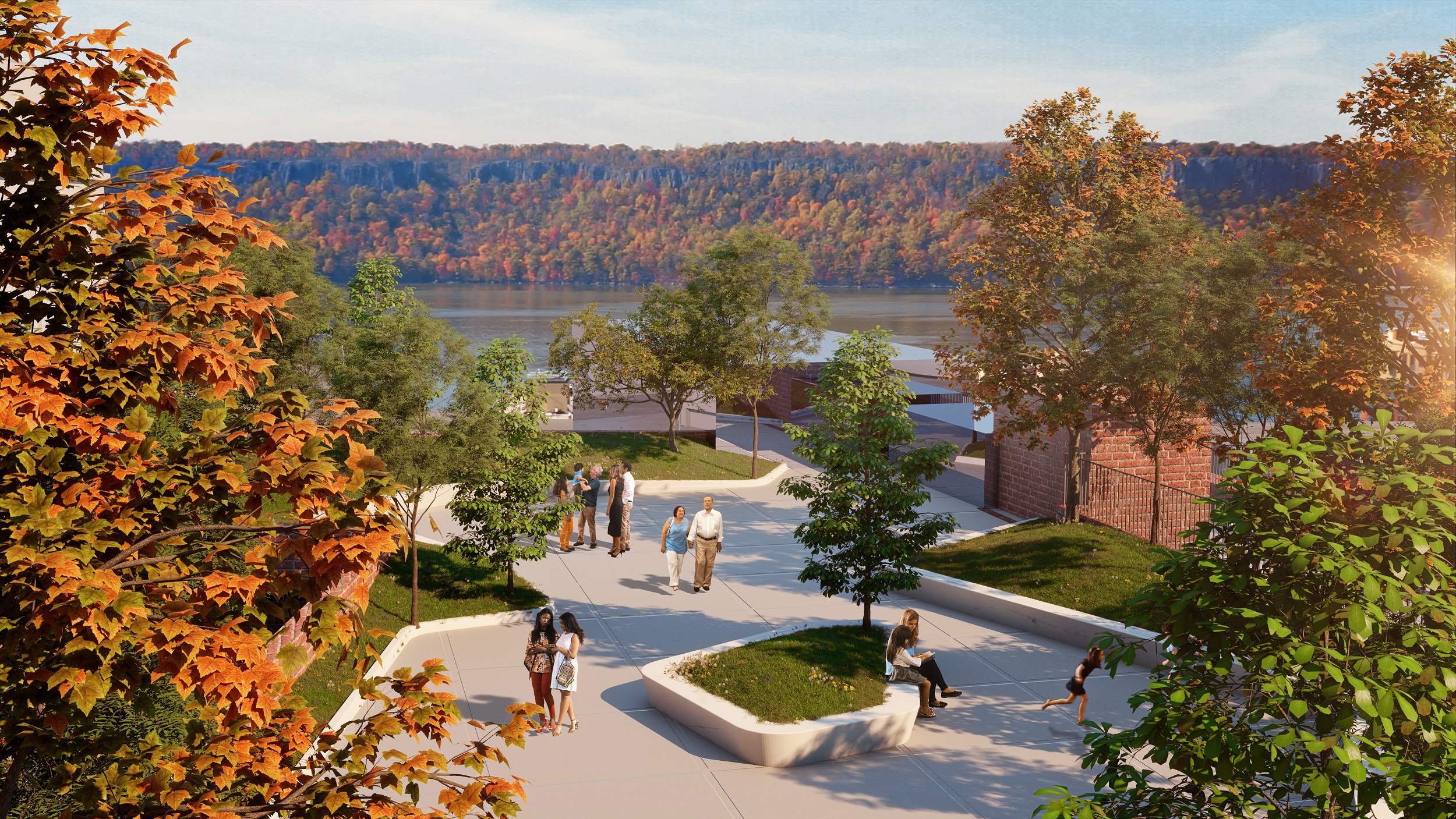 a rendering of a park with a river in the background