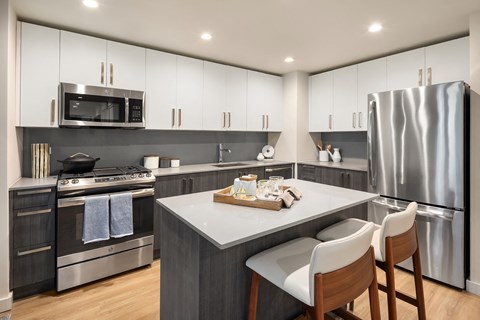 a kitchen with stainless steel appliances and a marble counter top