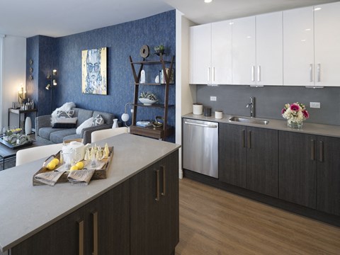 a kitchen and living room in an apartment