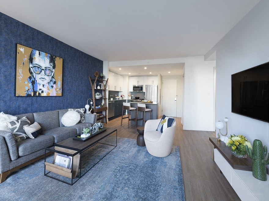 a living room with a blue rug and a couch and a tv