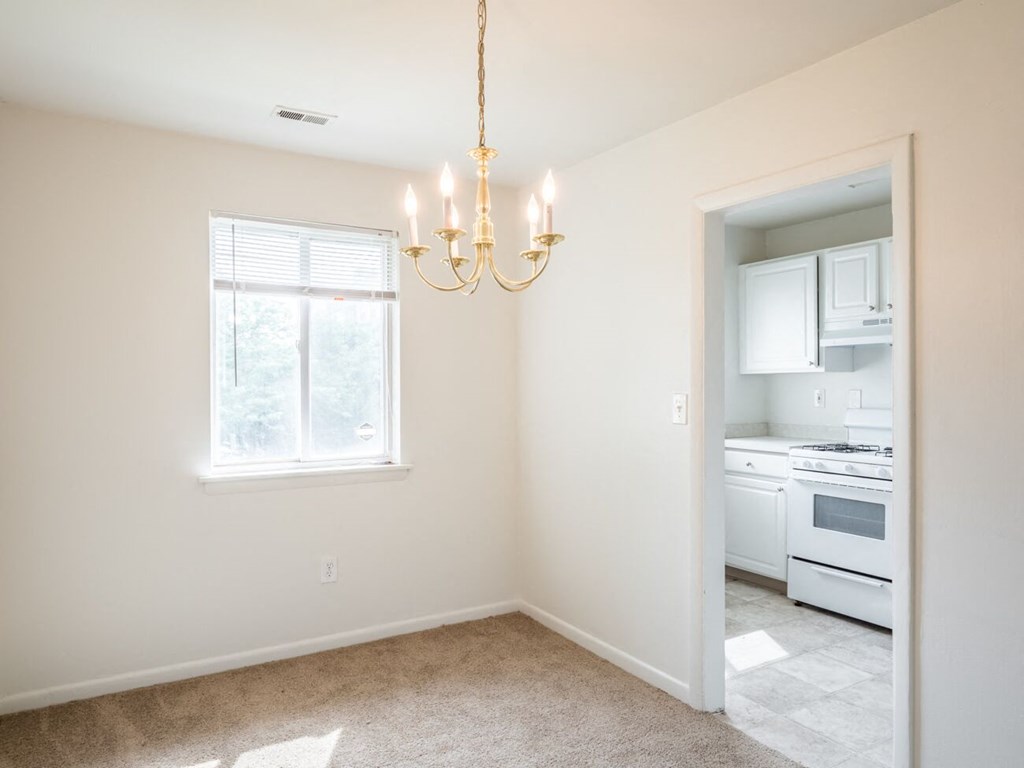 Westfalen Apartments - Dining Room / Dining room Light Fixture / Entry to Kitchen / wall-to-wall carpet in dining room / vinyl flooring in kitchen