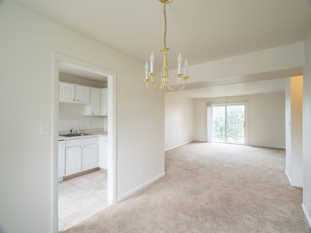 Westfalen Apartments - Living room/ Dining room / entry to kitchen / wall-to-wall  carpet in living area / vinyl flooring in kitchen/ sliding-glass door to patio