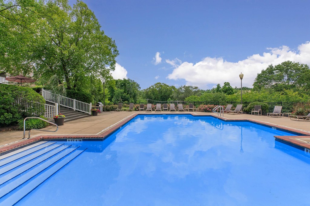 a swimming pool with trees in the background