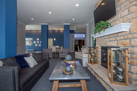 a living room with blue walls and a stone fireplace