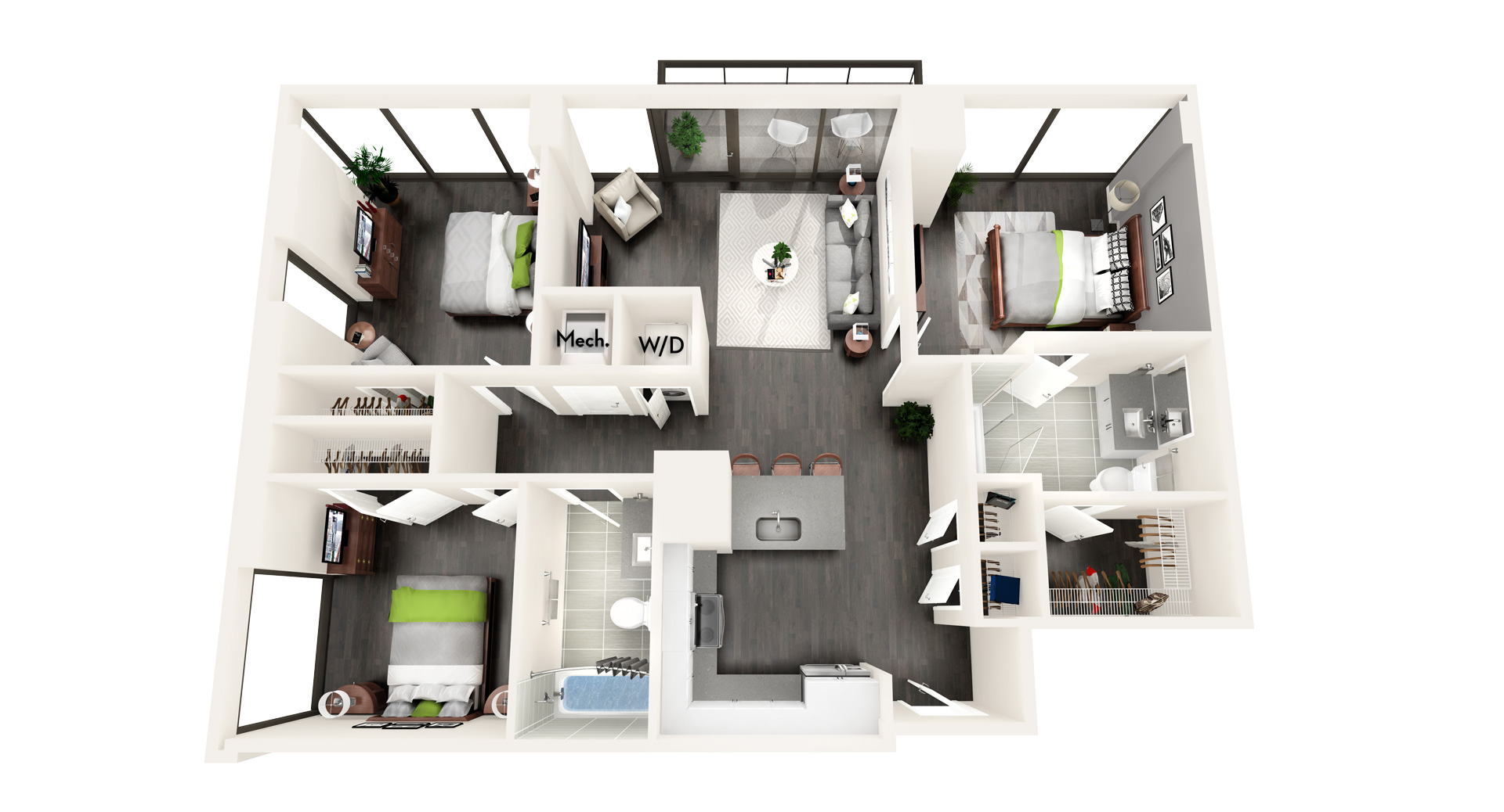 AZD1a 3 BEDROOM/2 BATH Floor Plan at Azure on The Park, Atlanta, GA, 30309