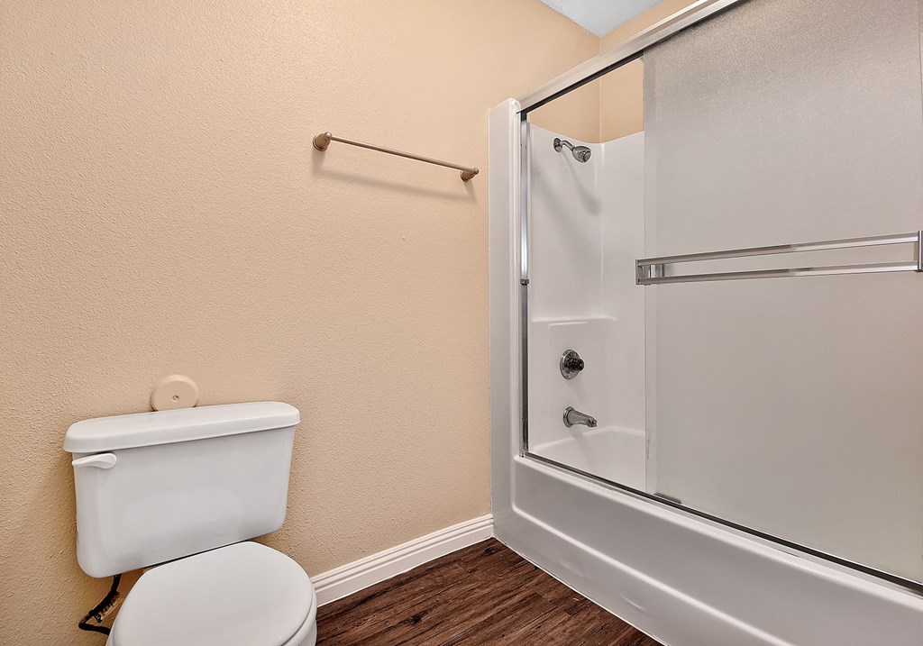 a bathroom with a toilet and a shower