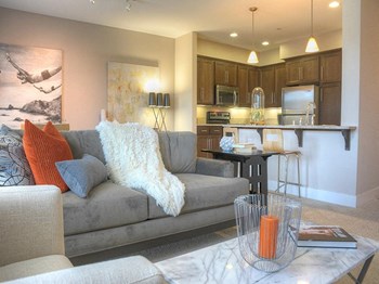 Model apartment home living room and kitchen