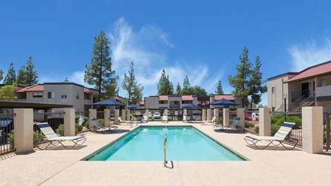 A large swimming pool surrounded by lounge chairs and trees.
