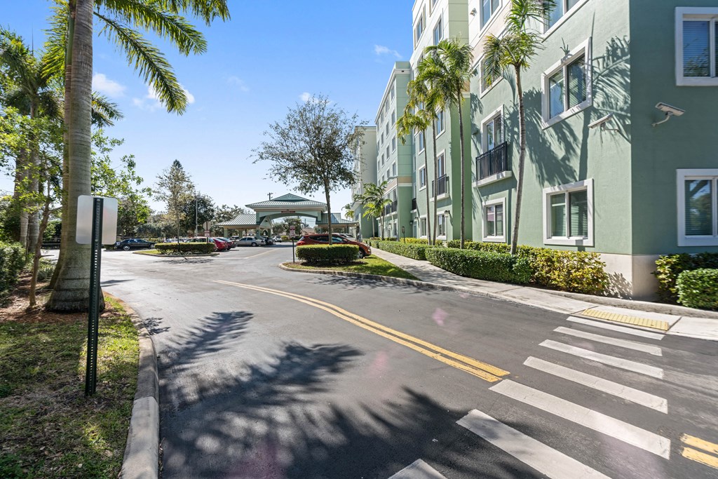 an empty street in front of a building with palm trees