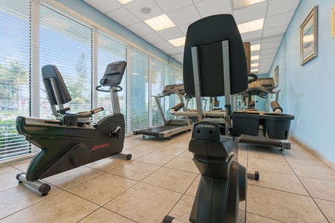 a gym with various exercise machines and windows