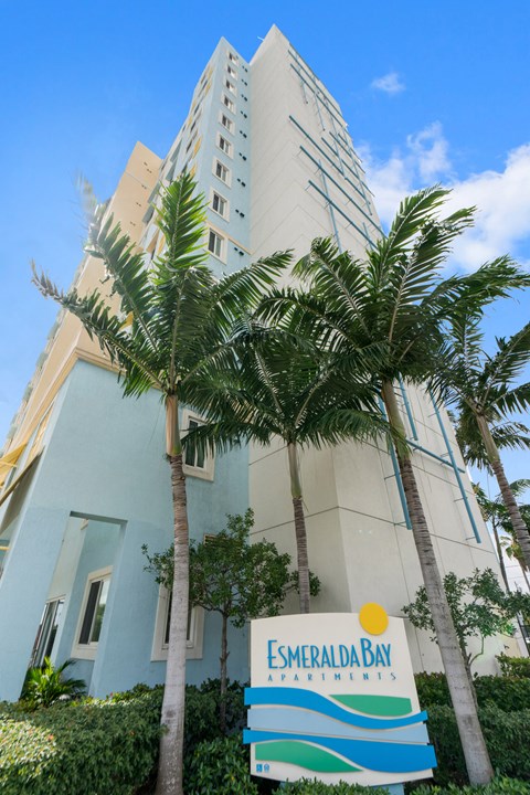 a tall building with palm trees in front of it